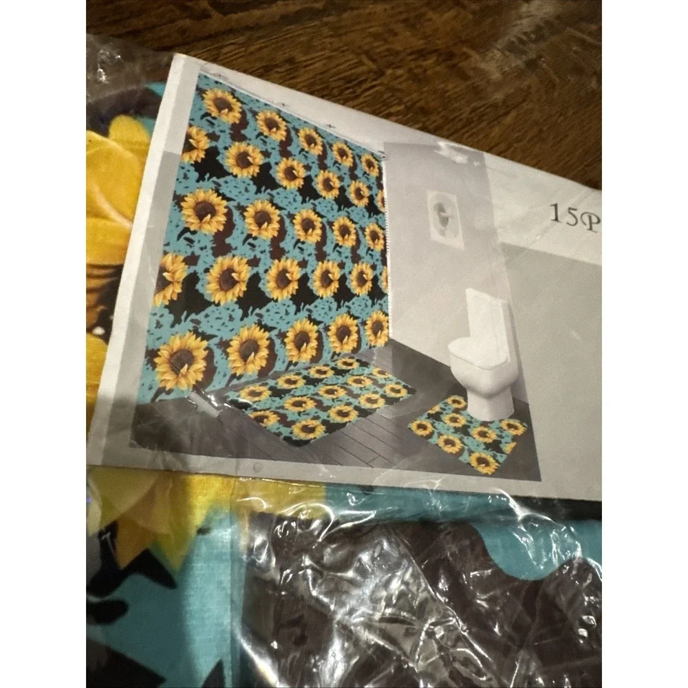 15pc Sunflowers Shower Curtain Set Bath Mat, Toilet Mat,‎ Rings, Curtain NEW